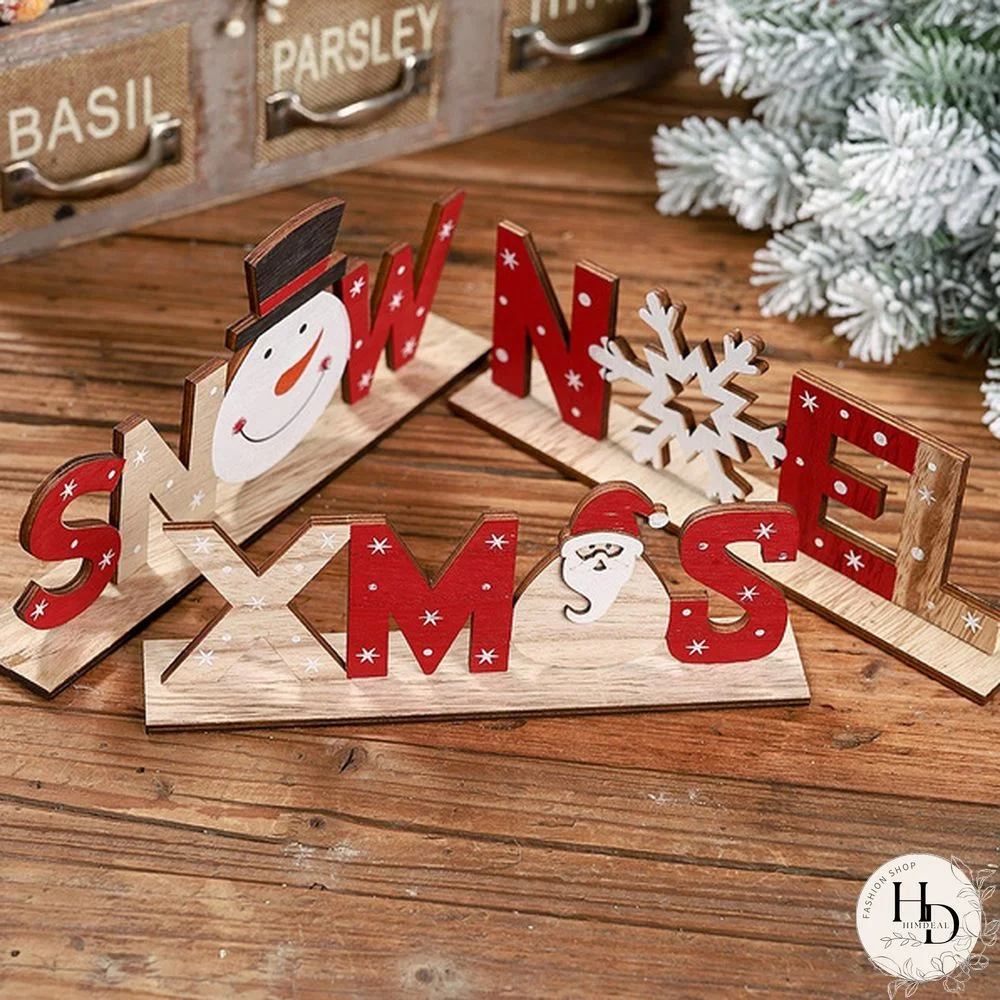 Wooden Freestanding Letters Sign Santa Claus Snowman Snowflakes Christmas Party Home Decorations Desk Xmas Table Gift