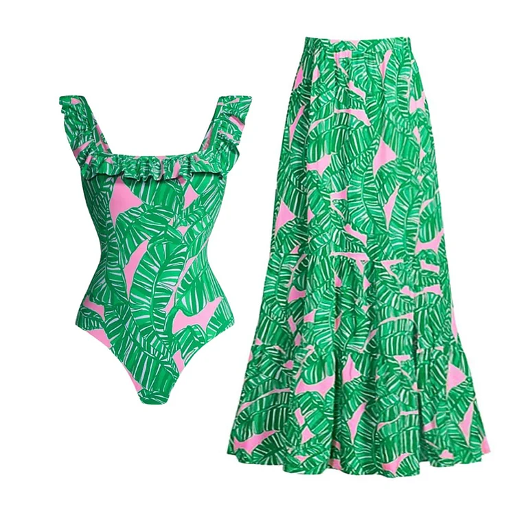 Ruffle Jungle Printed One Piece Swimsuit and Skirt