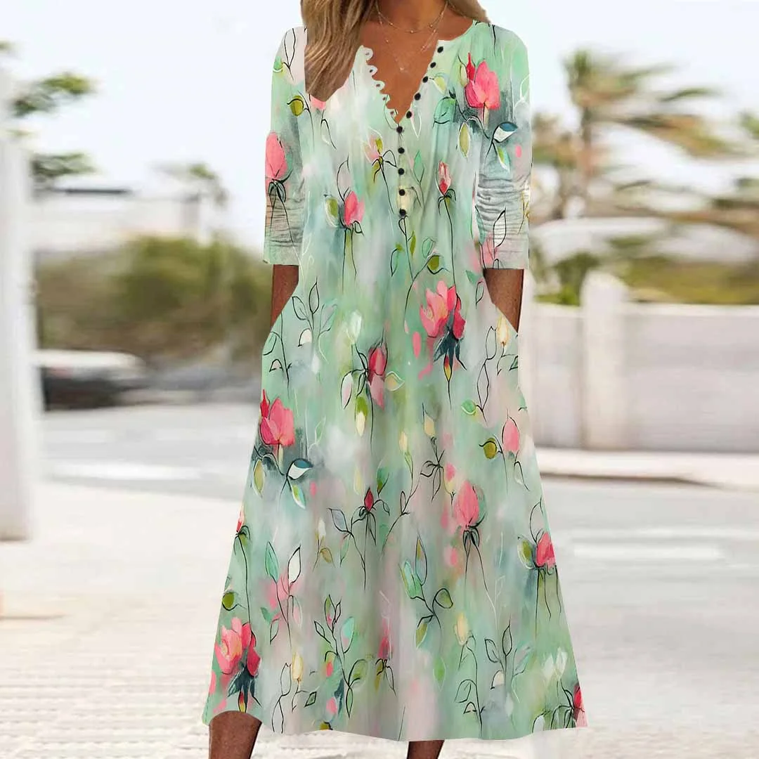 Women Floral,Green DZHB8353 Long Sleeve V-Neck Graphic Printed Midi Dress