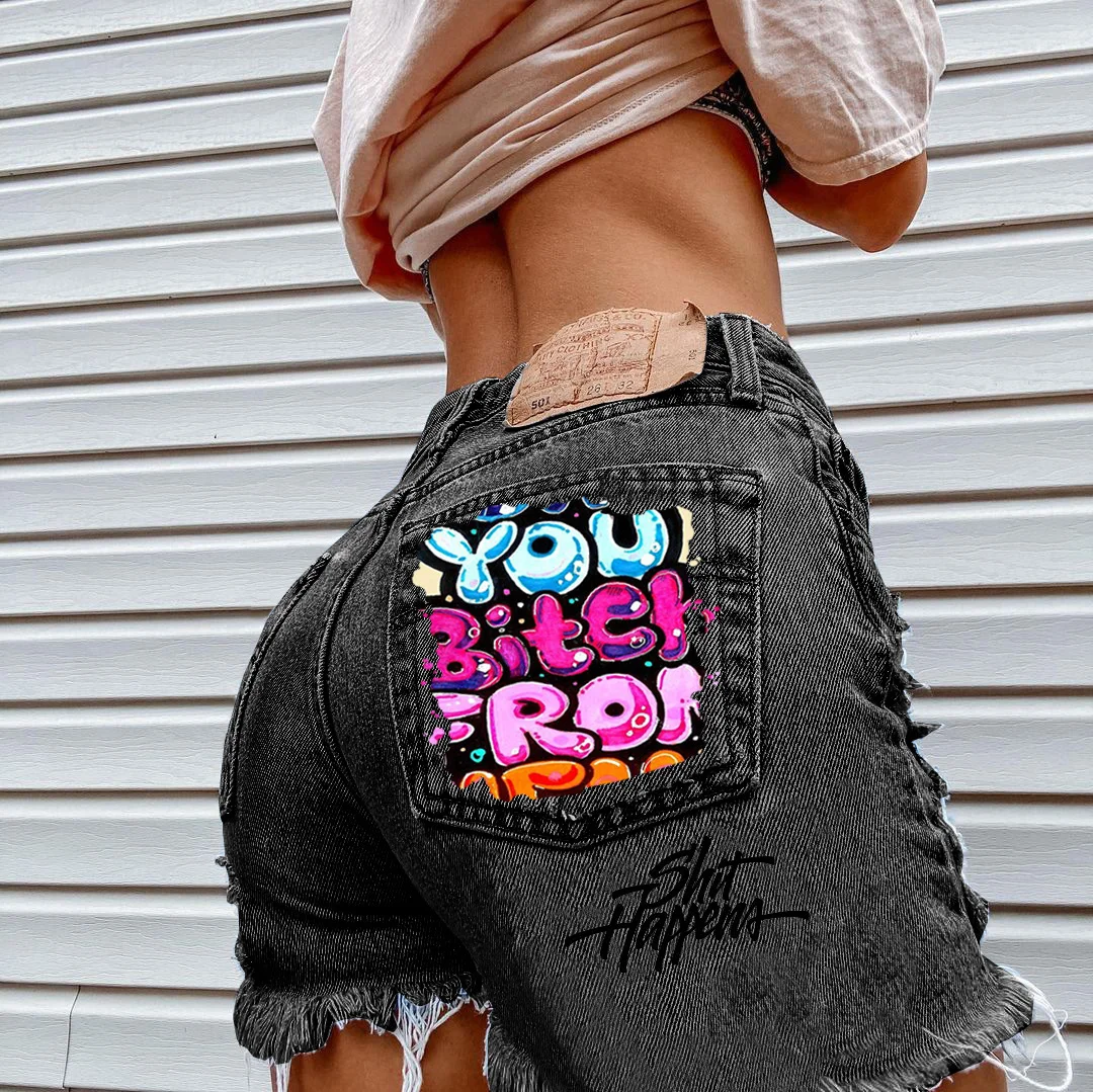 Women's Denim Shorts Summer Vintage Ripped Vacation US Flag Print Denim Shorts