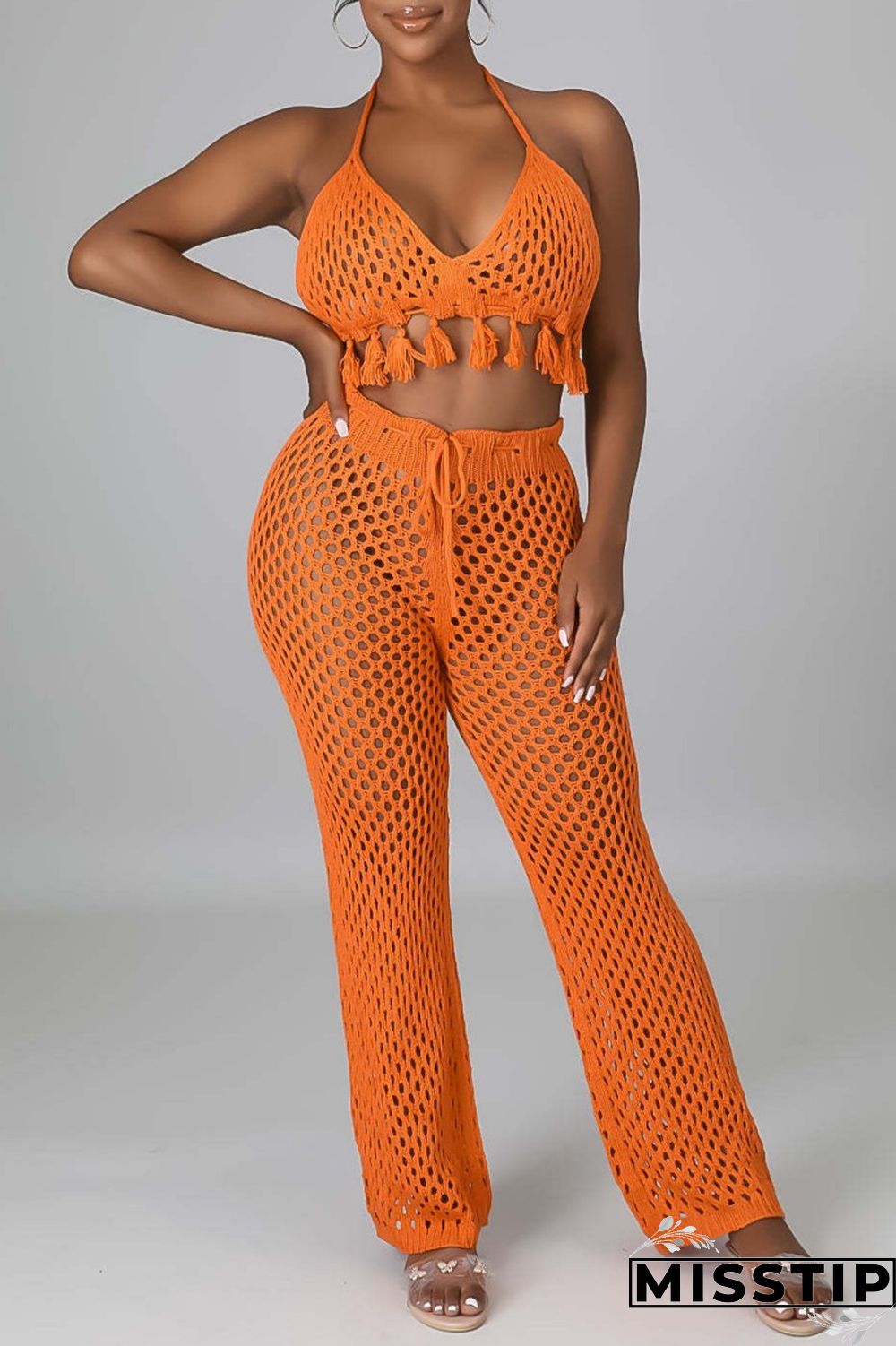 Orange Sexy Solid Bandage Hollowed Out Backless Halter Sleeveless Two Pieces