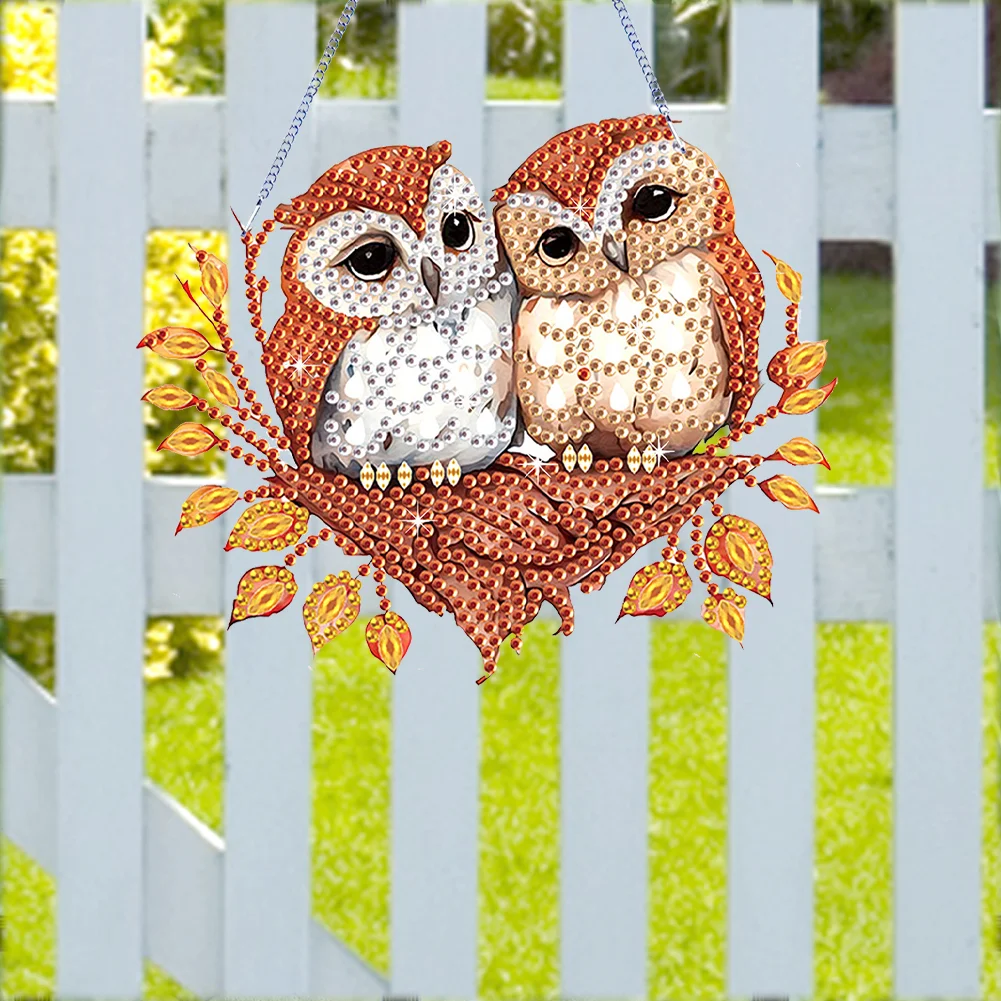 DIY Autumn Owl Special Shape Diamond Painting Hanging Pendant