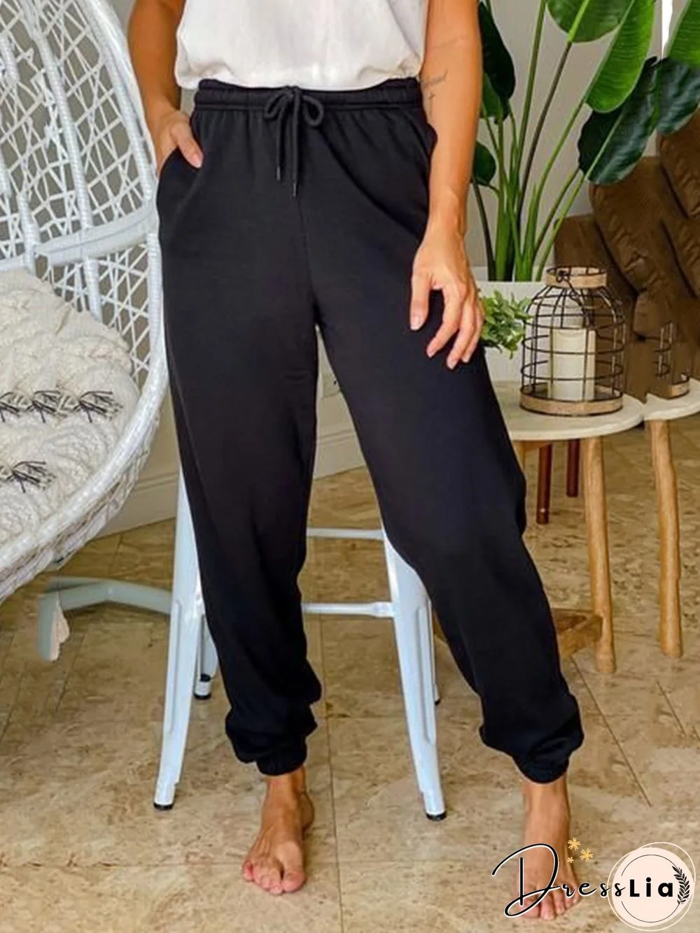 Casual Plain Elastic Waist Pockets Loose Sweatpants
