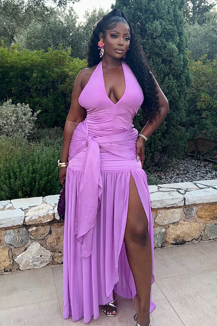 Halter Plunge Neck Tie Up Ruched Semi-Fitted Maxi Dresses-Purple