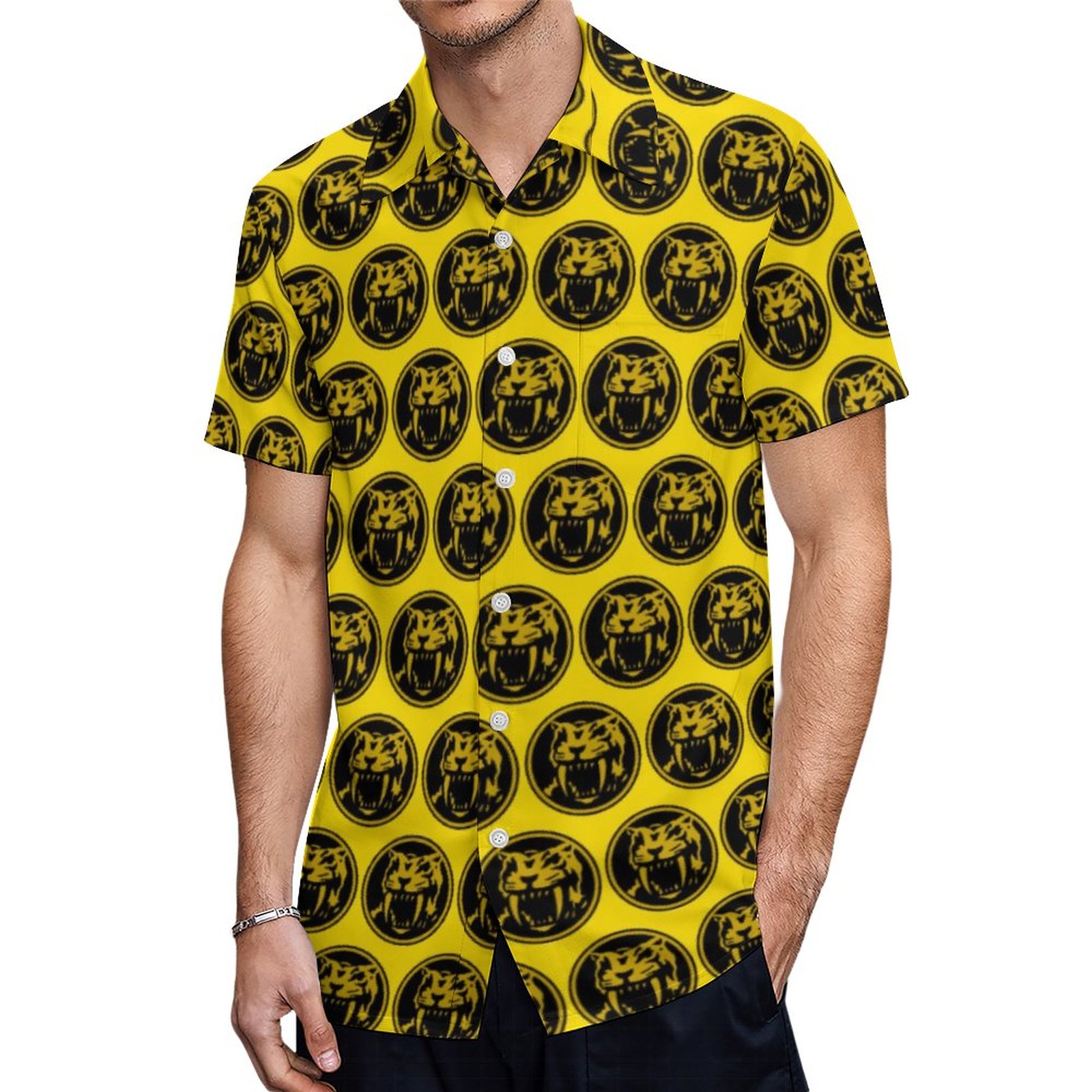 Yellow Ranger Sabertooth Tiger Power Coin Hawaiian Shirt Mens Button Down Tropical Hawaii Beach Shirts