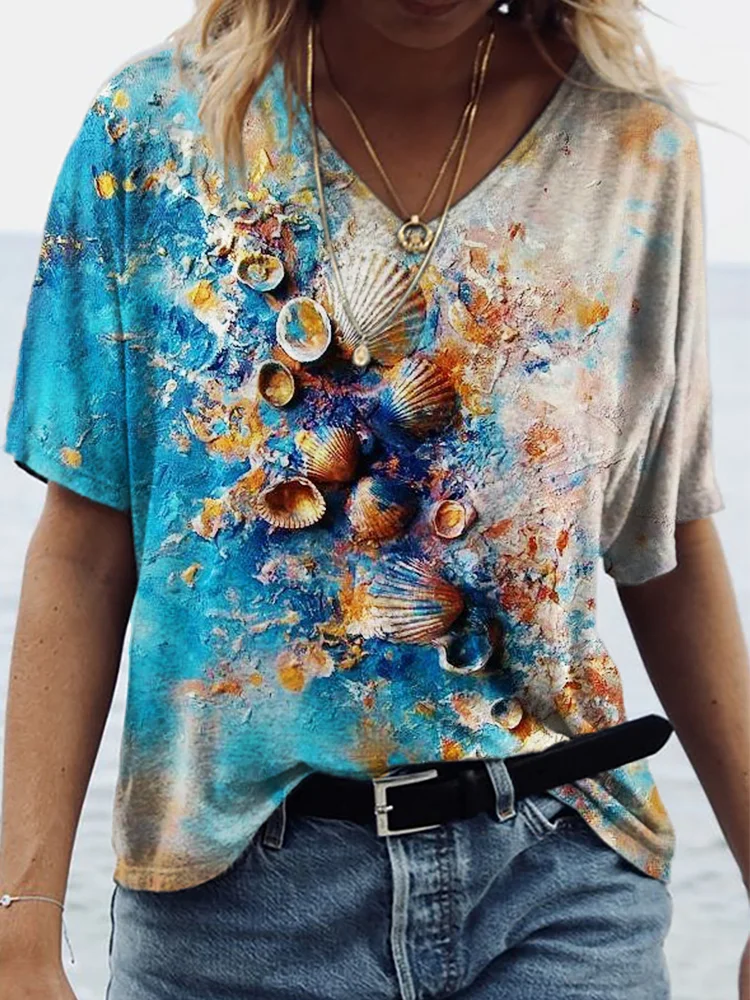 Beach Inspired Shells Art Contrast T Shirt