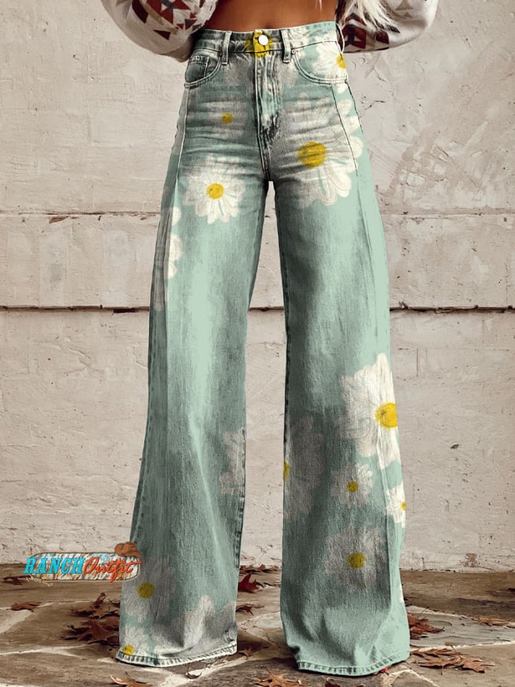 Women’s Vintage Daisy Flower Pattern Print Casual Wide Leg Pants Multicolor / S