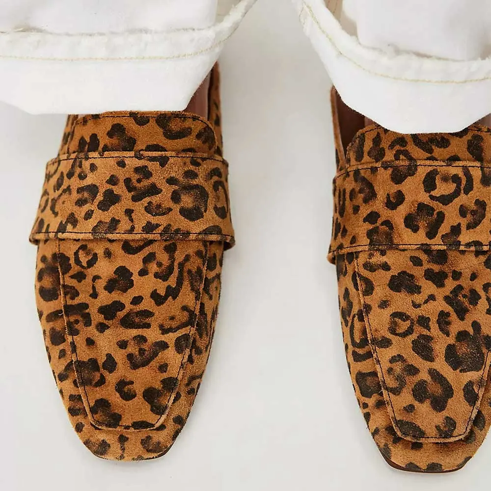 Leopard Print Vegan Suede Square Toe Loafer Mule Shoes for Women