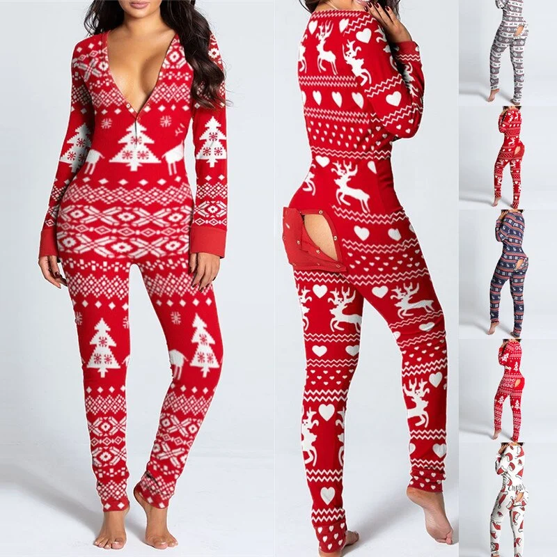 Womens Christmas Onesies Sexy Open Butt Pajamas Jumpsuit Sleepwear-elleschic
