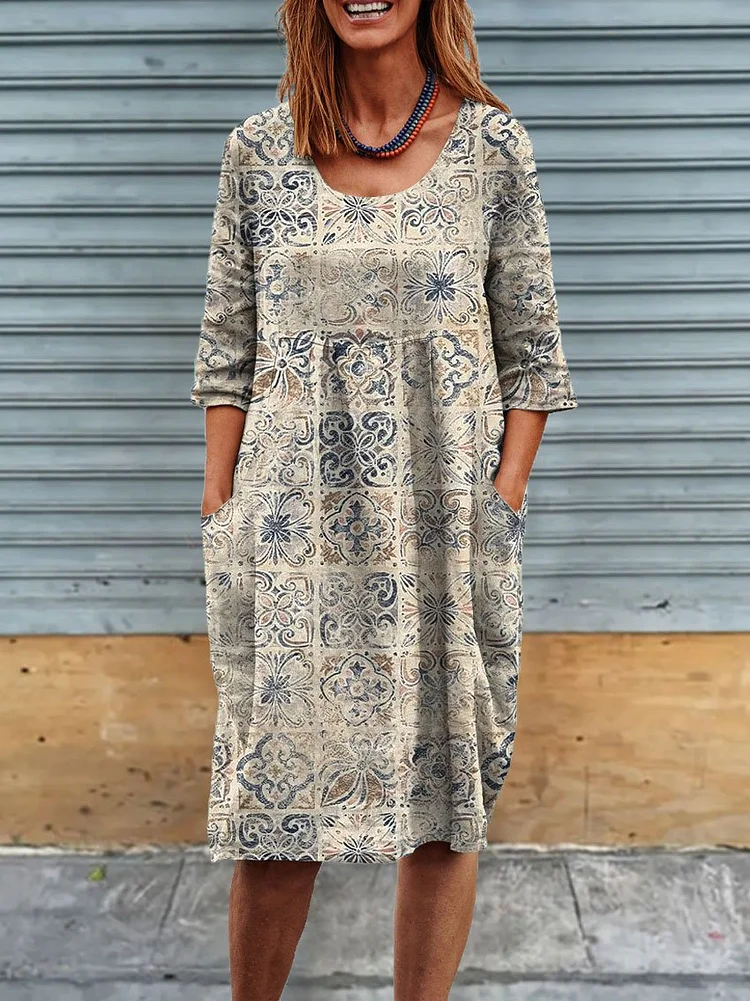 Womens Retro Art Print Linen Pocket Tunic Dress