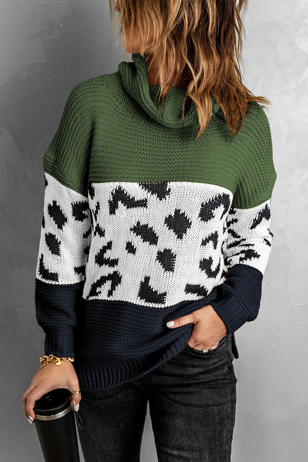 Green Turtleneck Splicing Chunky Knit Pullover Sweater | IFYHOME