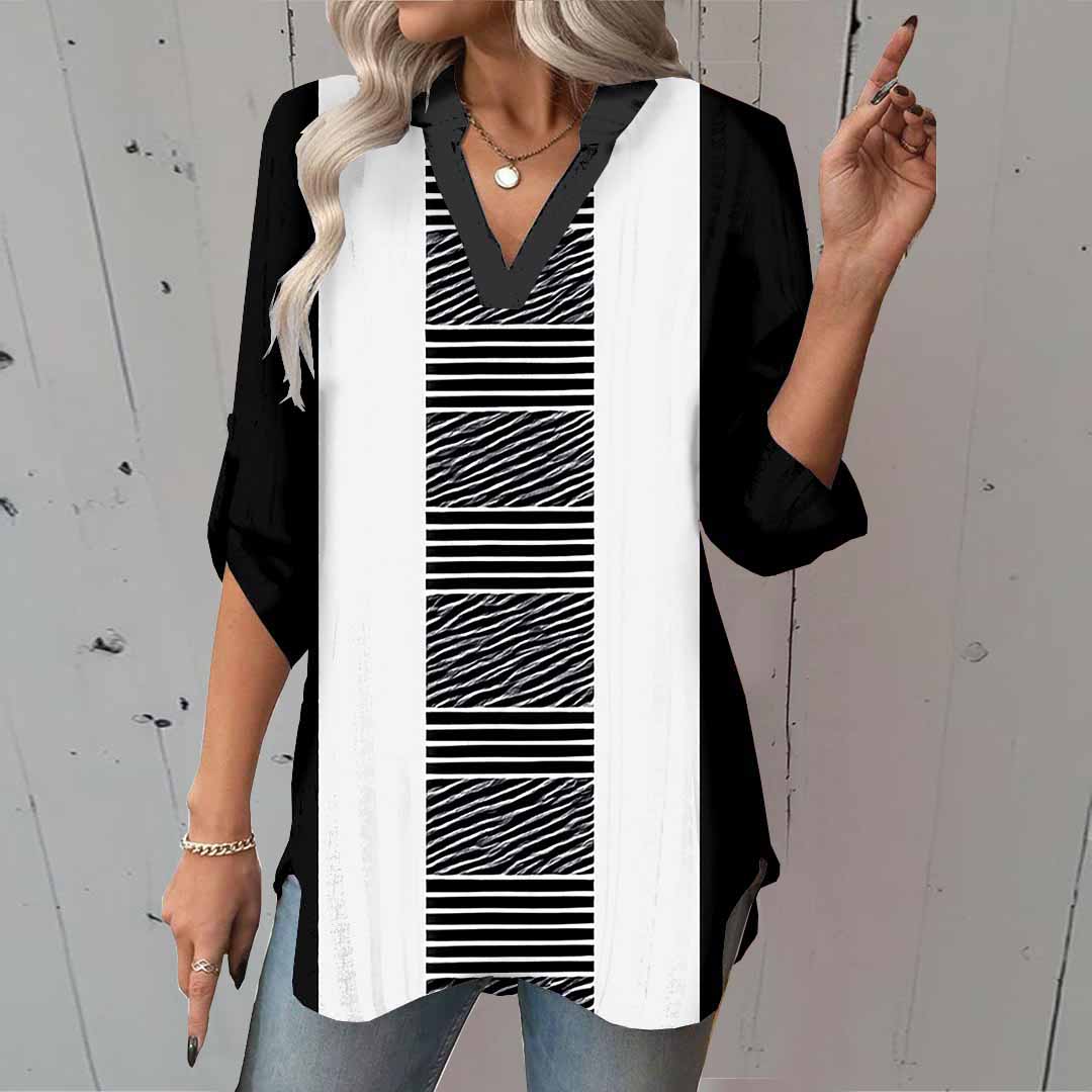 Women Striped, Black, Patchwork DZGA0054 3/4 Sleeve V-neck Printed Graphic Button Tops