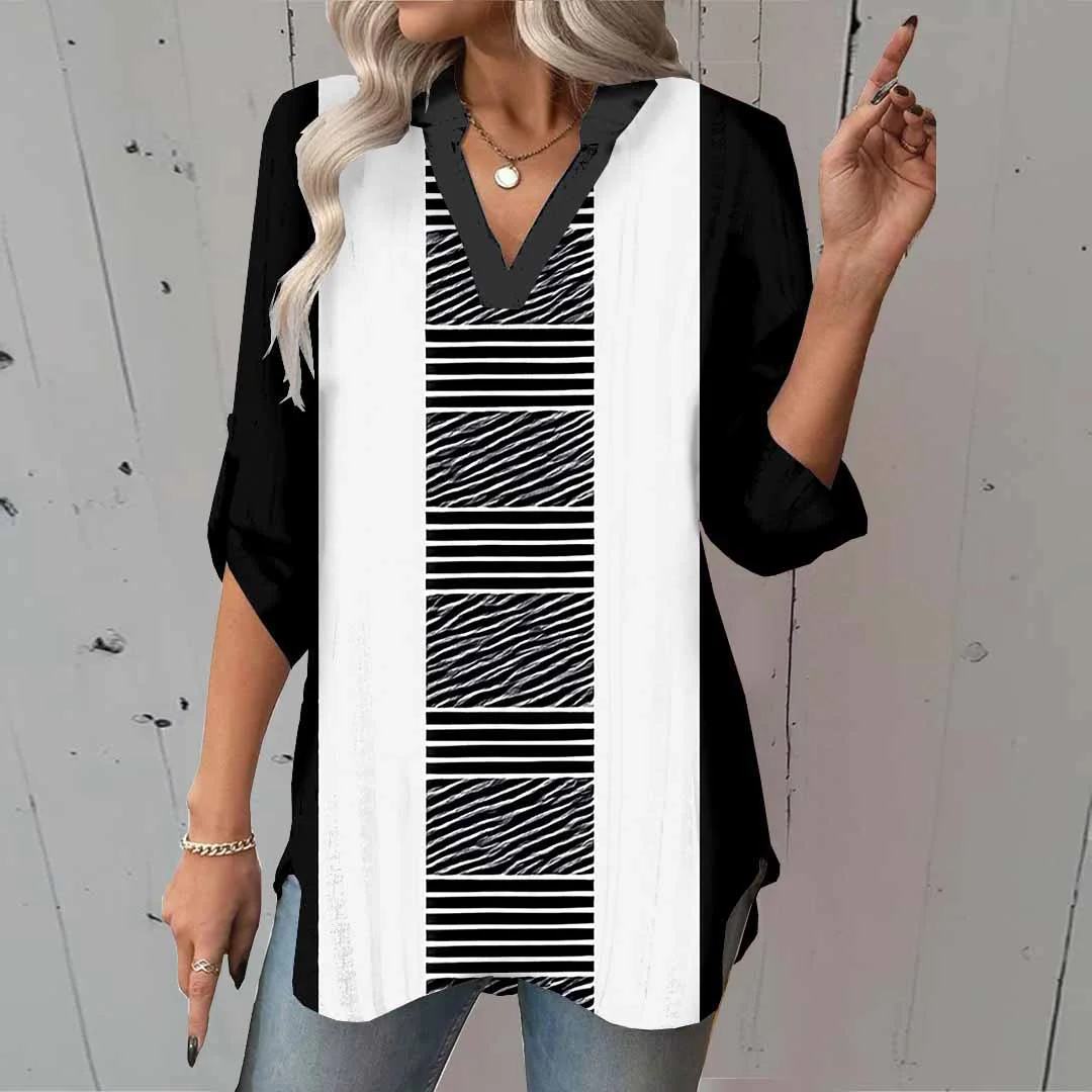Women Striped, Black, Patchwork DZGA0054 3/4 Sleeve V-neck Printed Graphic Button Tops