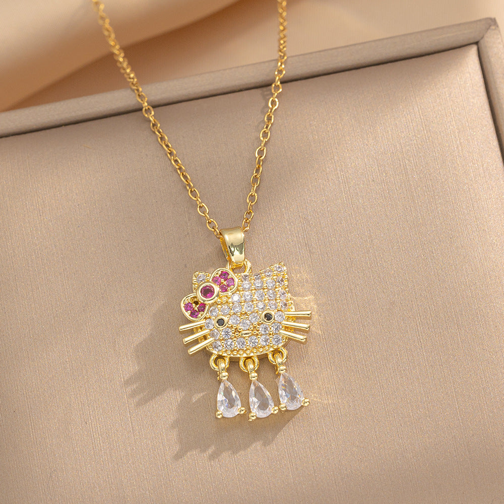 Design Kt Cat Pendant Necklace Micro Inlaid Zircon Copper Plated 18 Gold All-Match Clavicle Chain