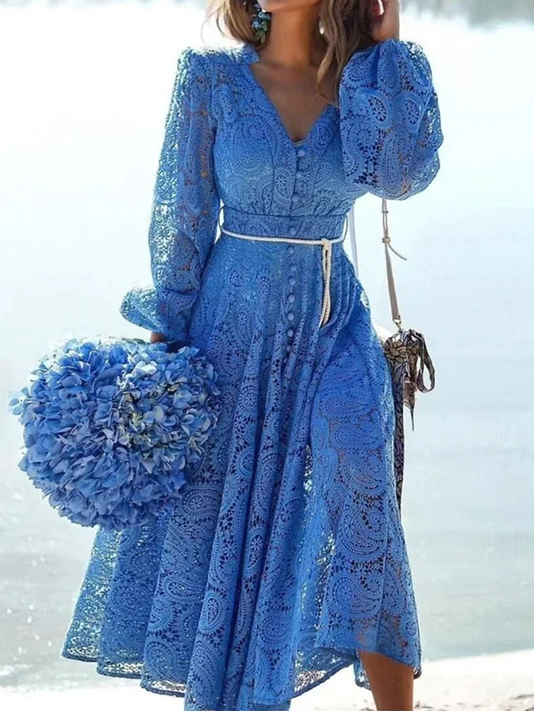 Elegant Paisley Lace V Neck Button Hollow Midi Dress
