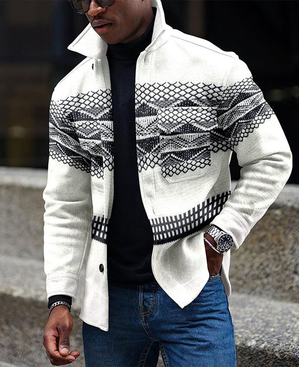 Lapel Collar Geometric Pattern Button Up Jacket