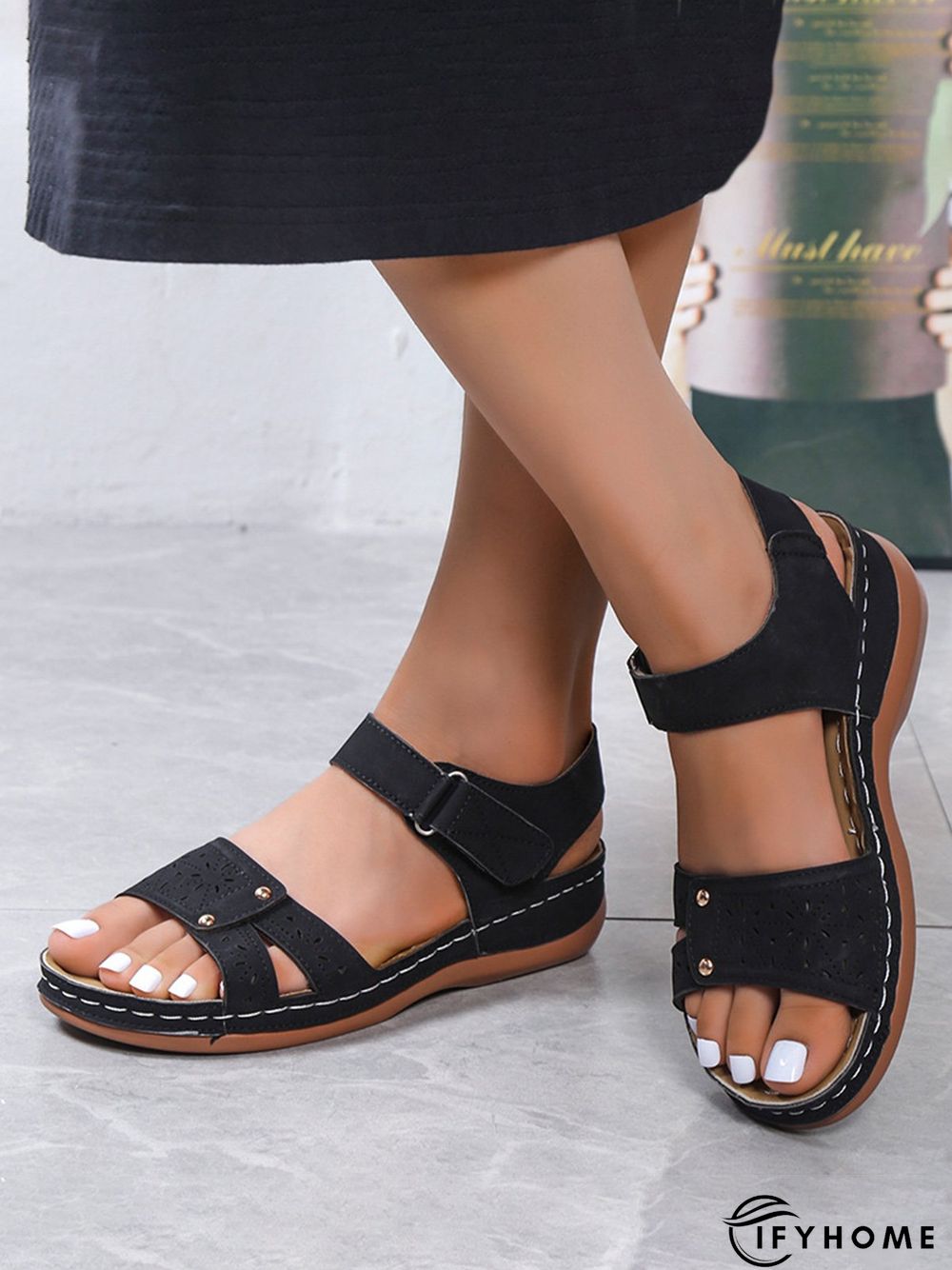 Vintage Laser Cut out Velcro Strap Sandals | IFYHOME
