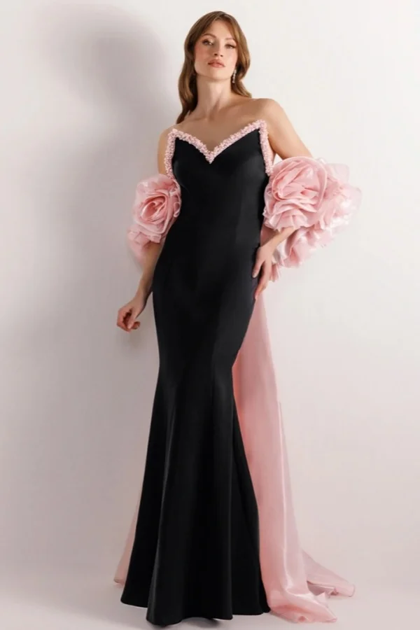 Miabel Charming Pink Black Beaded V Neck Slim Sleeveless Prom Dress with Train   