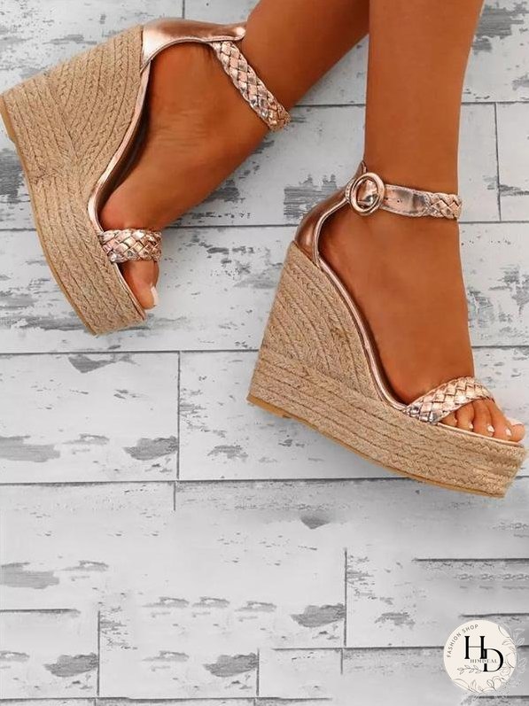 Fashion Wedge High-heel Solid Color Weaving Sandal Shoes