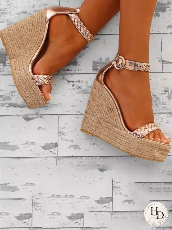 Fashion Wedge High-heel Solid Color Weaving Sandal Shoes