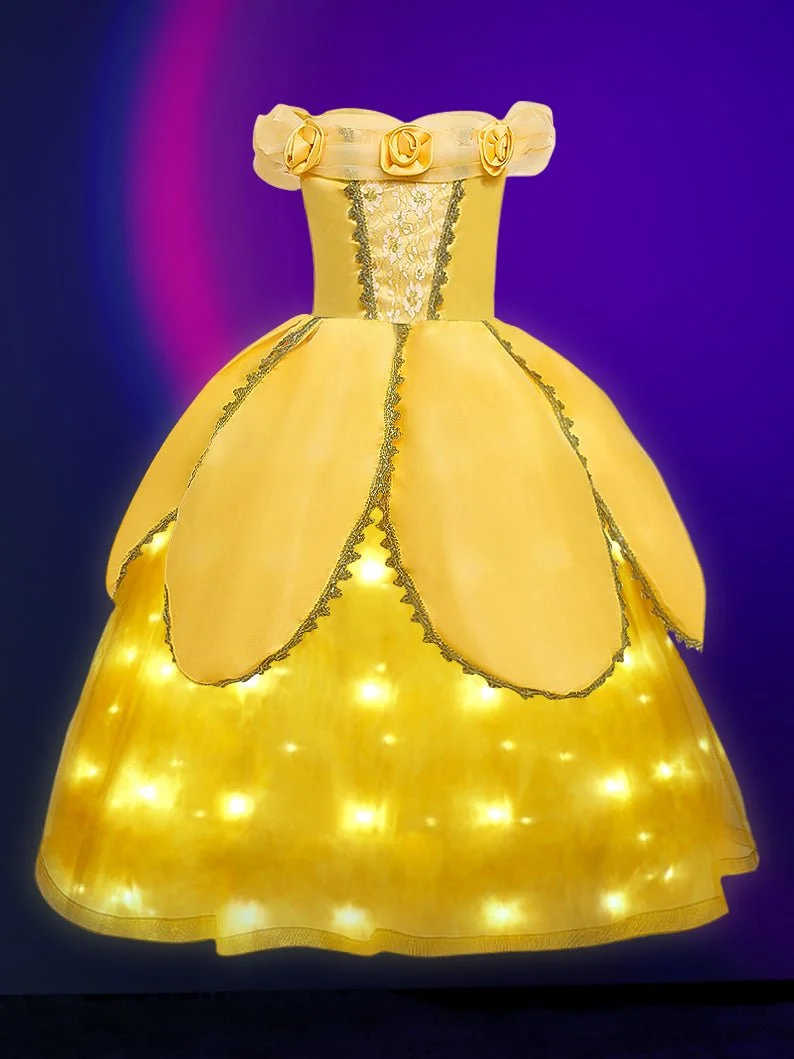 Glowing Belle Princess Rose Decor Off-Shoulder Dress for Girls' Party