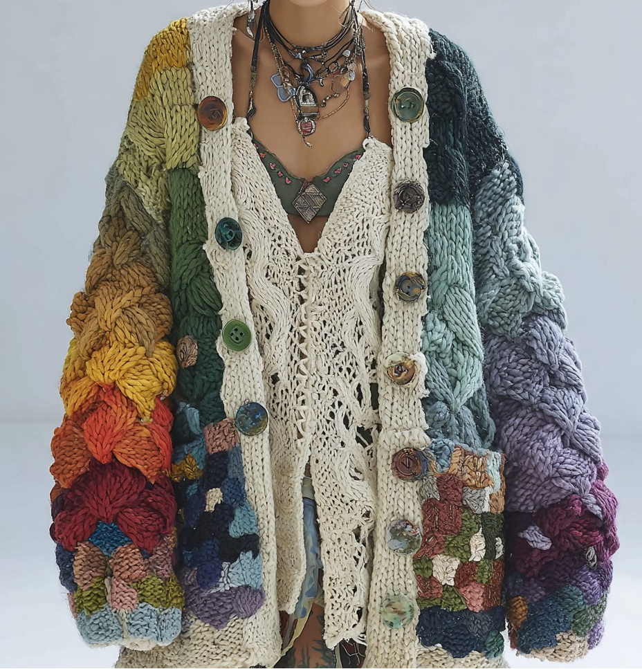 Women's Colorful charm pattern knitted medium and long cardigan