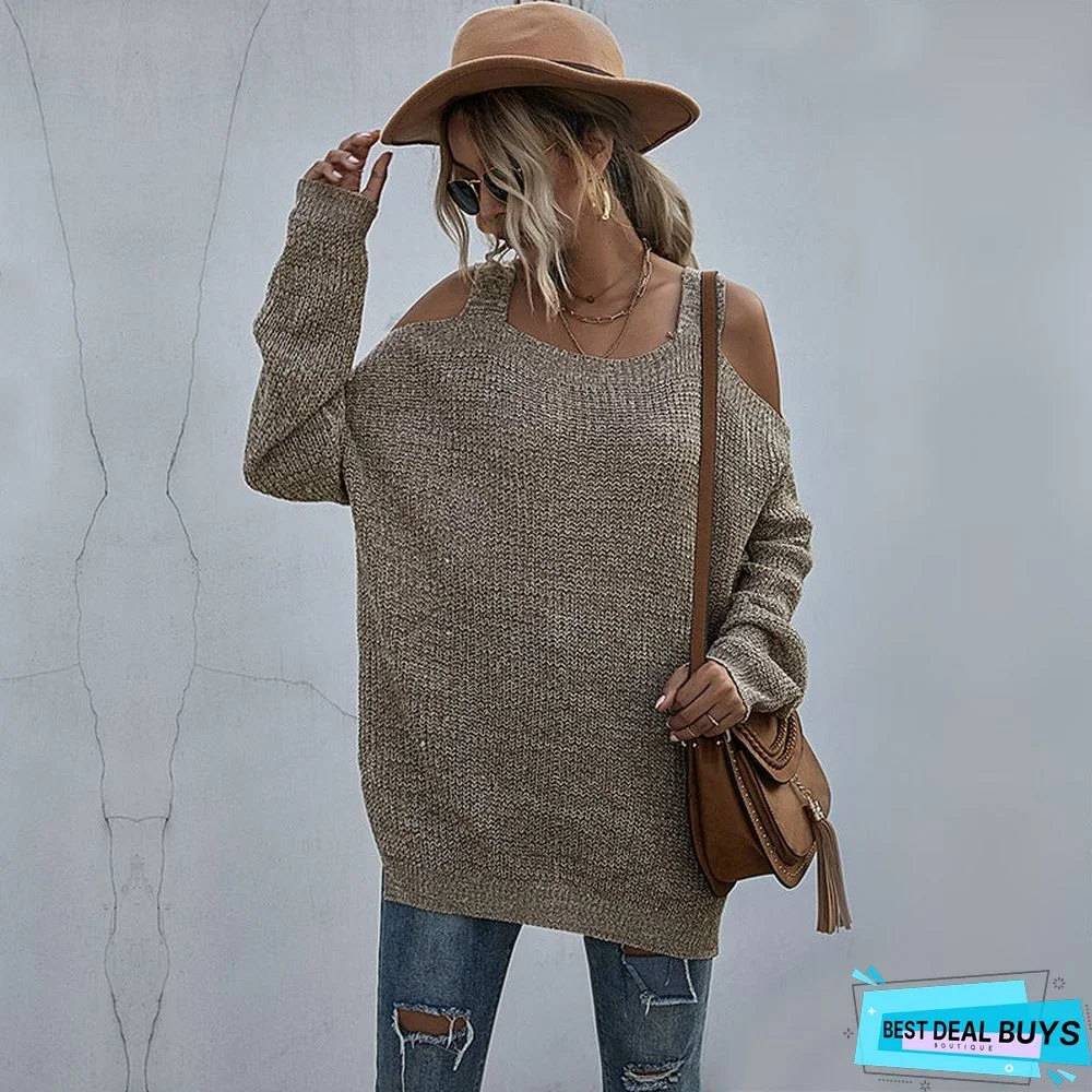 Solid Knit Square Neck Loose Off Shoulder Bottomed Sweater Women's Long Sleeve
