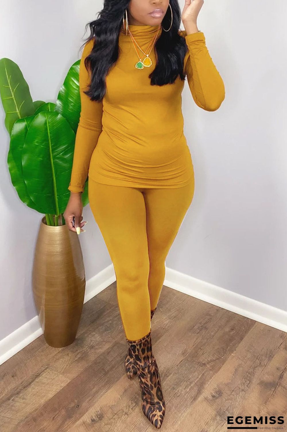 Yellow Casual Solid O Neck Long Sleeve Two Pieces | EGEMISS