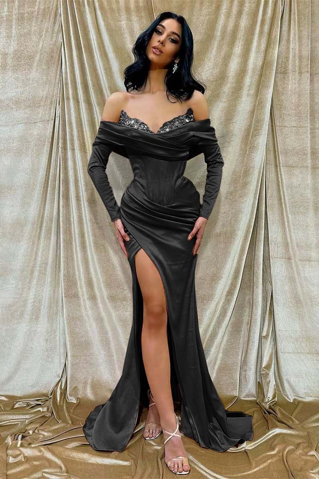 Oknass Off the Shoulder Long Sleeves Long Split Prom Dress With Beading 