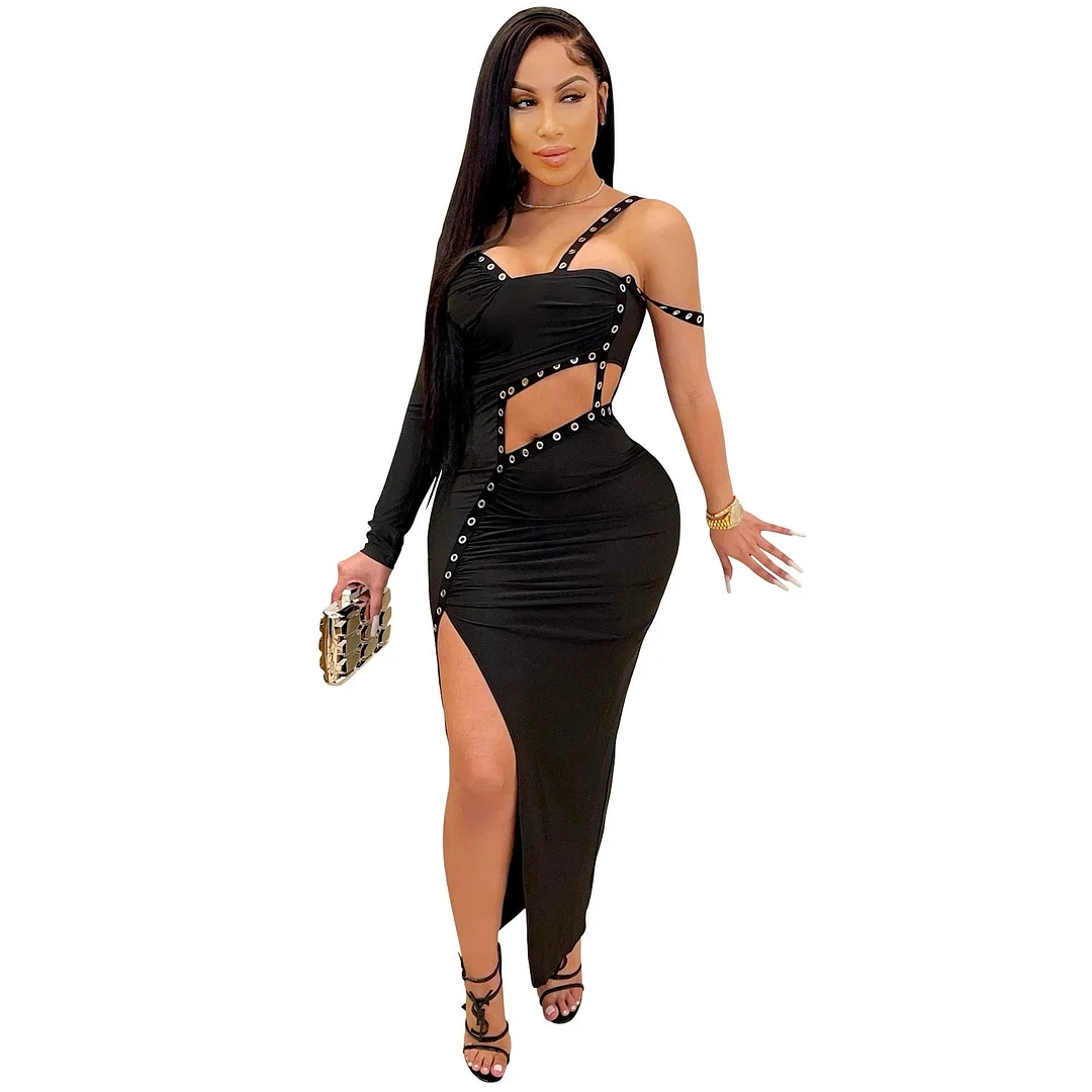 CM.YAYA Women Dress One Shoulder Full Sleeve Hollow Out Ankle-length Sheath Elastic Solid Party Dresses Summer New Fashion Dress