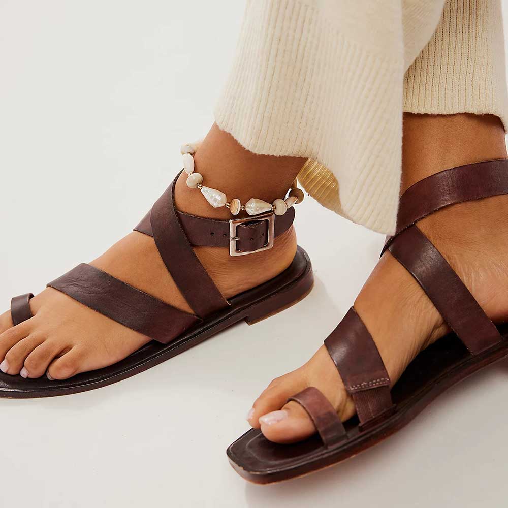 Brown Vegan Leather Square Toe Buckled Fastening Strap Flat Sandals Nicepairs