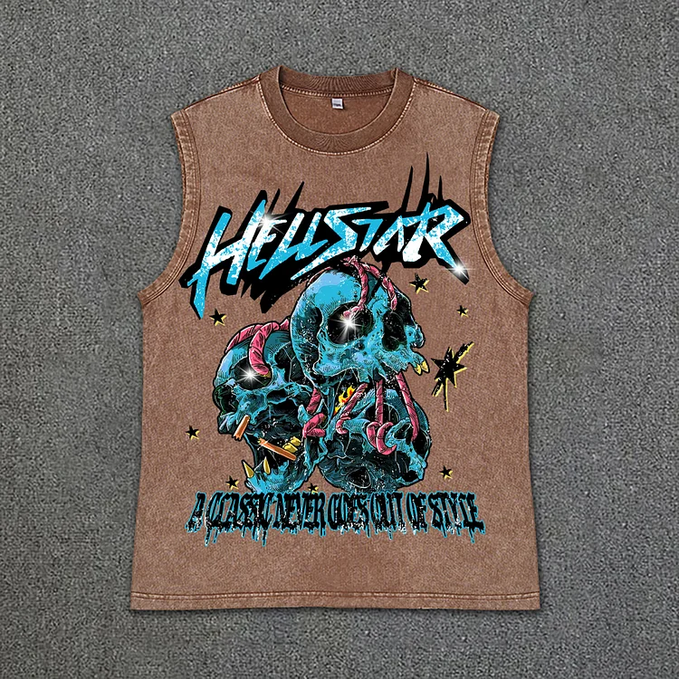 Men's Hellstar Skeleton Bandage Retro Interest Print Acid Washed Tank Top