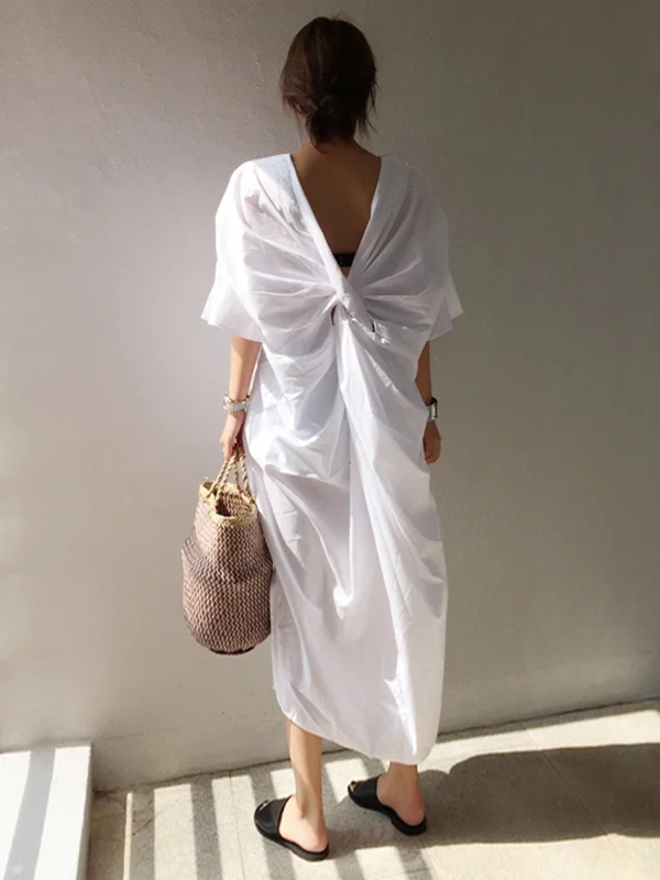 Casual Half Sleeves Loose Pleated Solid Color V-Neck Midi Dresses