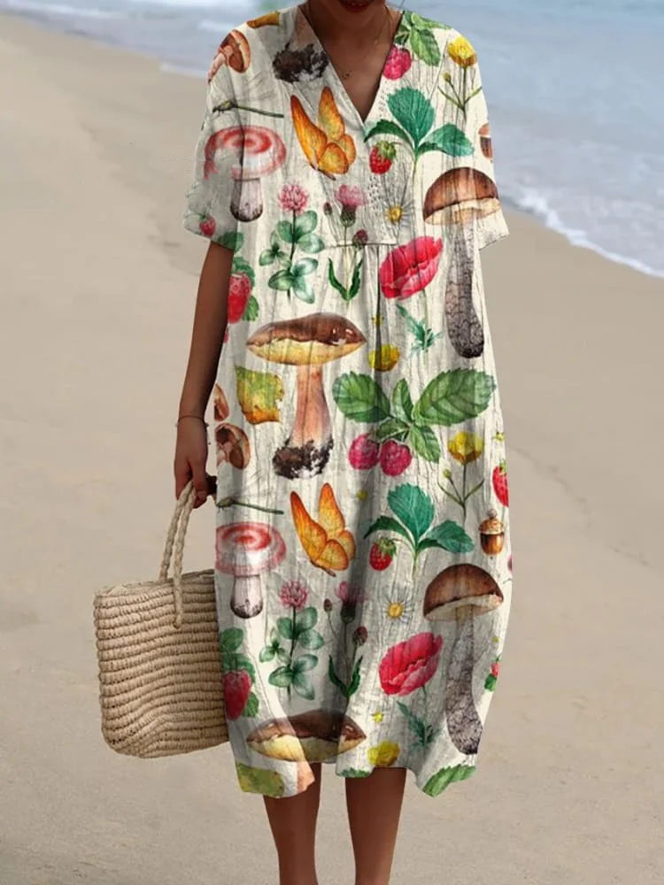 Women's Vintage Lovely Floral Mushroom Art Print Flowy Dress