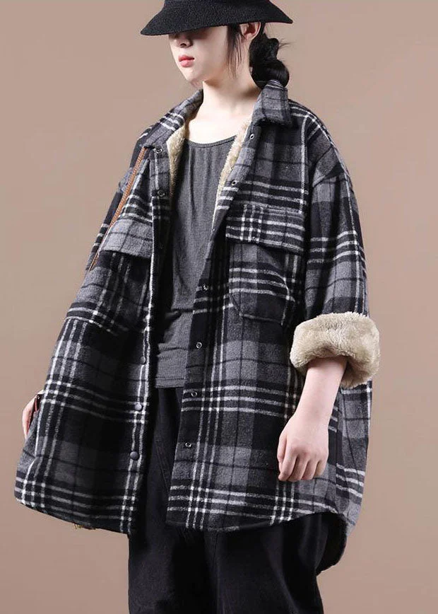 Loose Grey Pockets Plaid Thick Warm Fleece Shirt Coats Winter