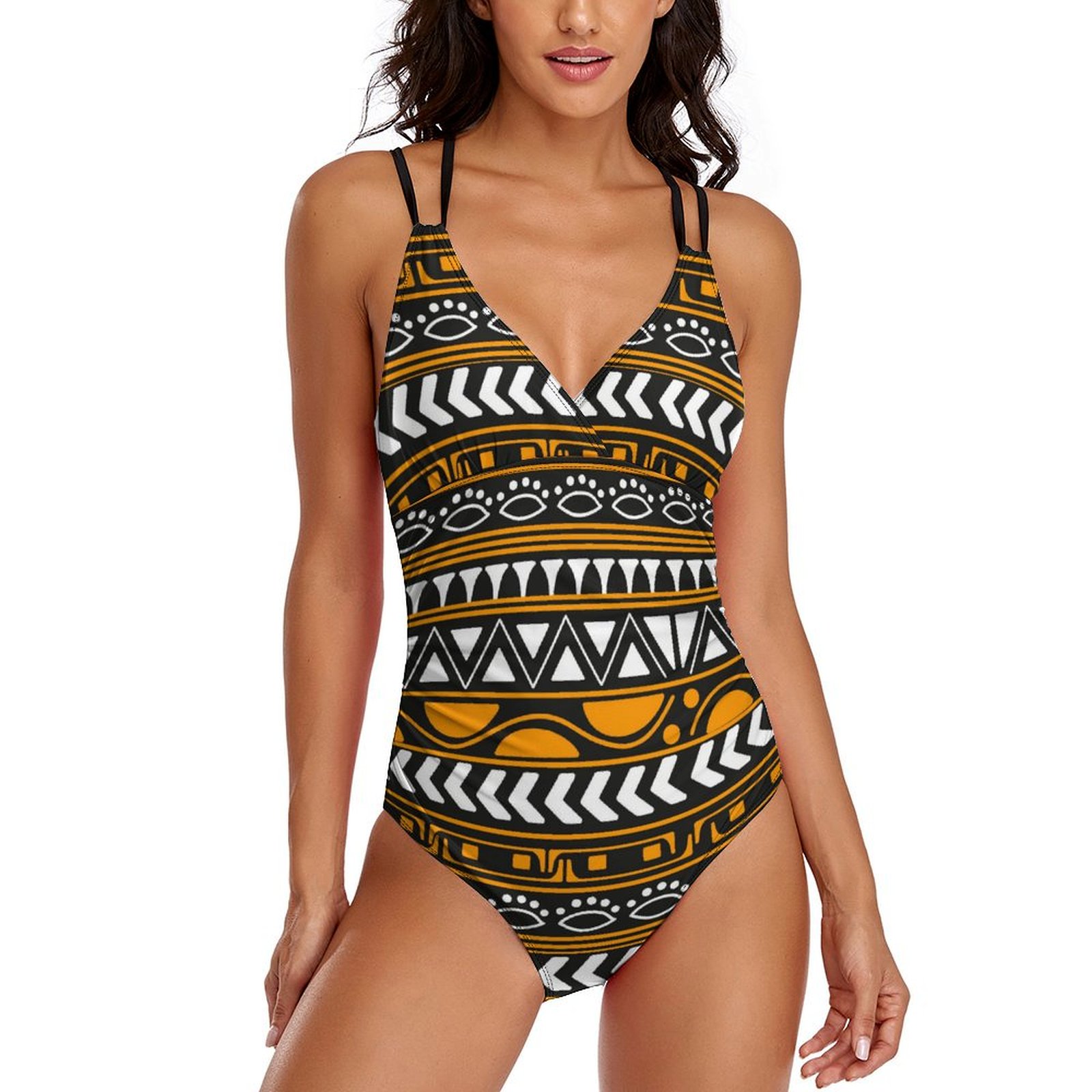 Women's African Pattern One Piece Deep V Neck Crisscross Back Adjustable Strap Swimsuits