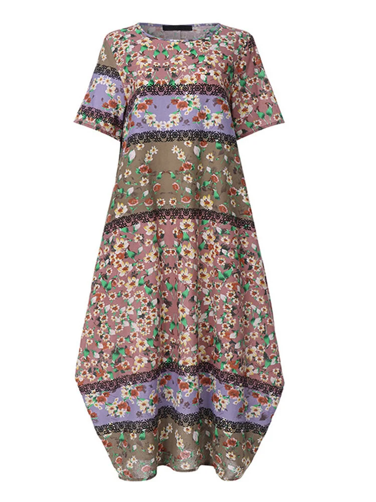 Women's Floral Printed Round Neck Short Sleeve Maxi Dress