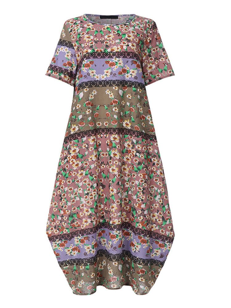 Women's Floral Printed Round Neck Short Sleeve Maxi Dress