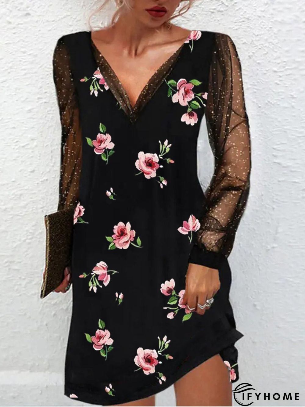 Women Casual Floral Autumn V neck Lightweight Micro-Elasticity Daily A-Line Regular Size Tunic Dress | IFYHOME