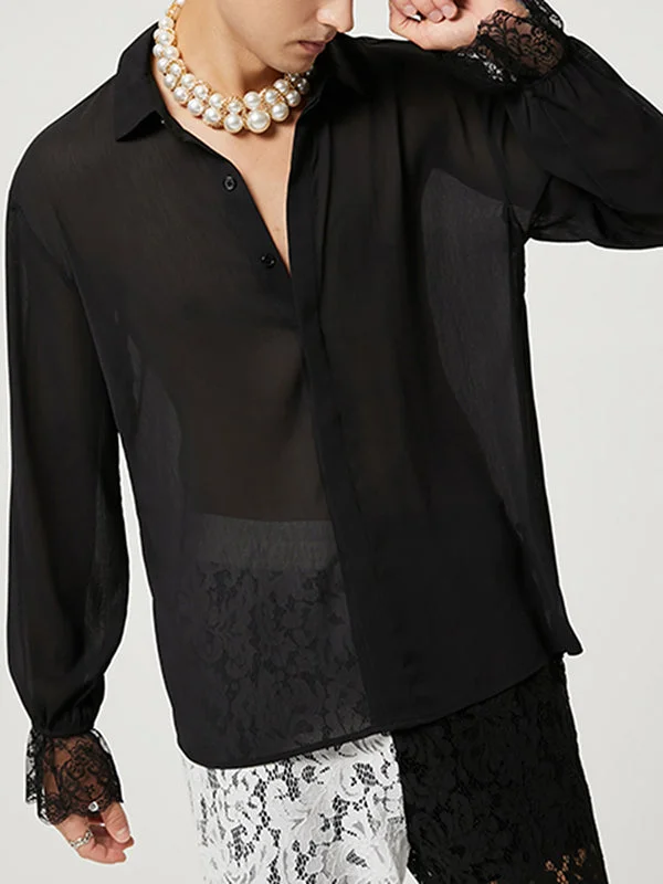 Aonga - Mens Sheer Mesh See-Through Lace Cuff Shirt