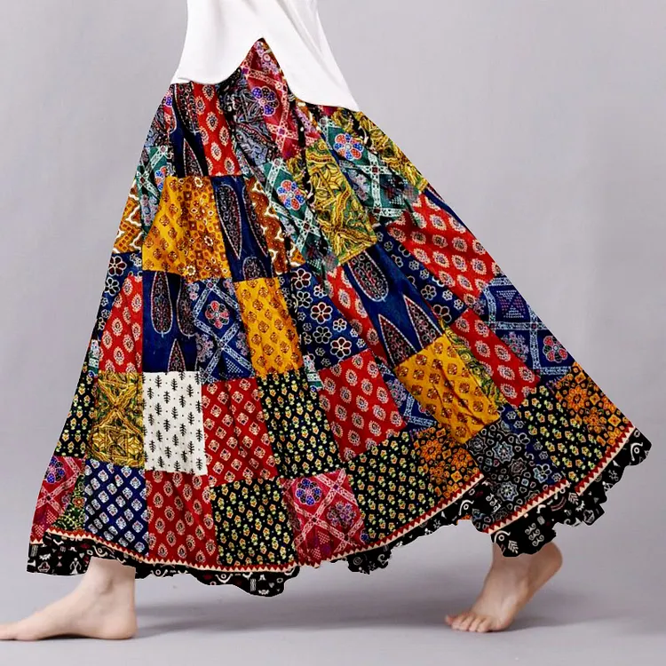 Boho Patchwork Flowy Linen Blend Wide Skirt