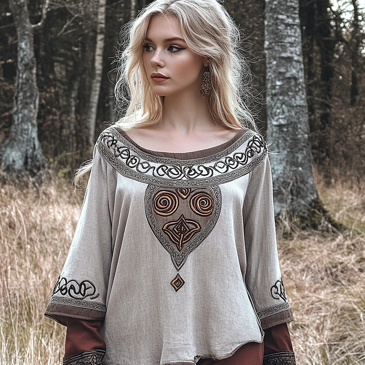 Vintage Viking Celtic Linen Crew Neck Cropped Shirt