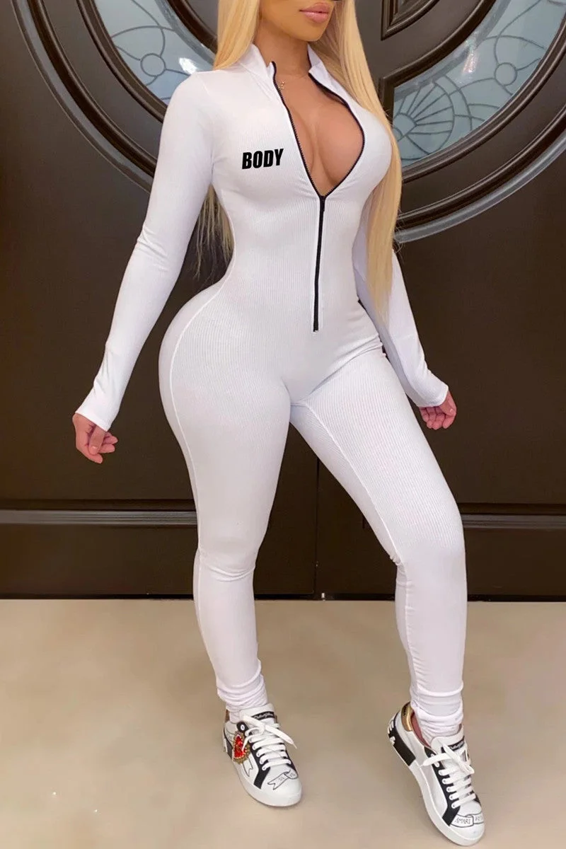 Casual Sportswear Letter Print Basic Zipper Collar Skinny Jumpsuits