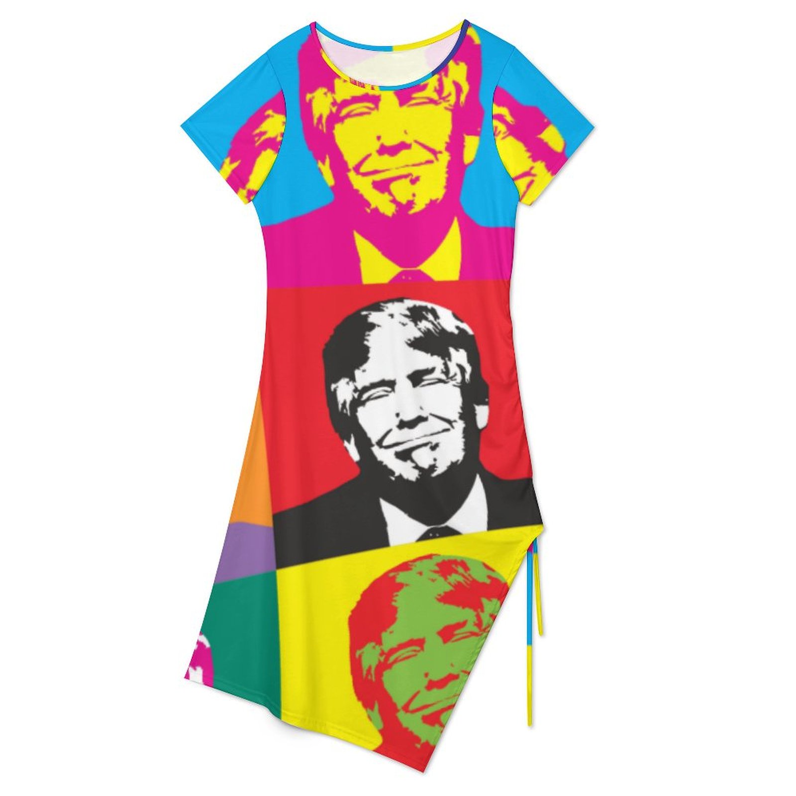 Trump Presidential Pop Art Body Drawstring Round Neck Irregular Dress Women Short Sleeve Bodycon Split Mini Dress Coolcoshirts