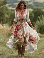 Women's Vintage Floral Art V Neck Linen Blend Maxi Dress - Image 3
