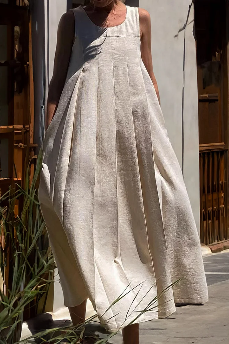 Sleeveless Round Neck Pleated Plain Linen Casual Maxi Dresses [Pre Order]