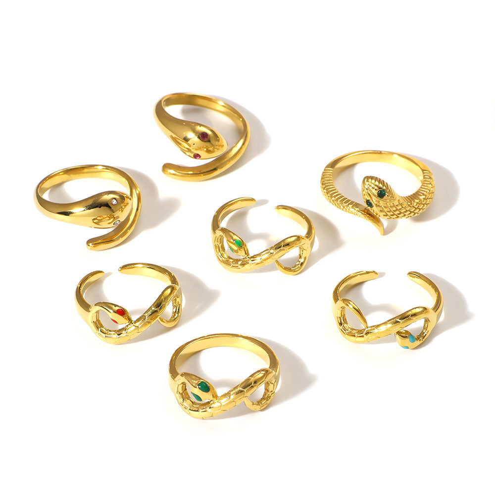Best-Selling Snake-Shaped Inlaid Zircon Classic Open Stainless Steel Hand Jewelry Gold-Plated Texture Ring Couple