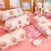 Cute Cartoon Bear Large Capacity Beige Canvas Storage Bag for Pens Student Stationery Organizing
