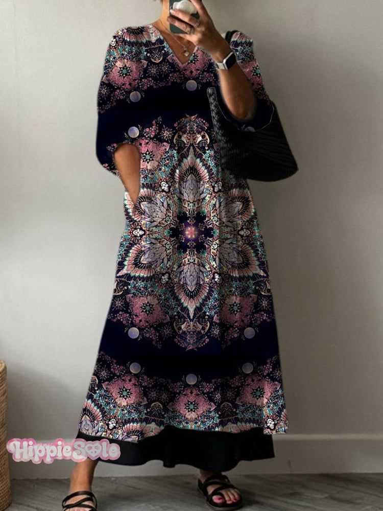 Women’s Retro Art Symmetrical Ethnic Pattern Print Pocket V-Neck Cotton Dress Multicolor / S