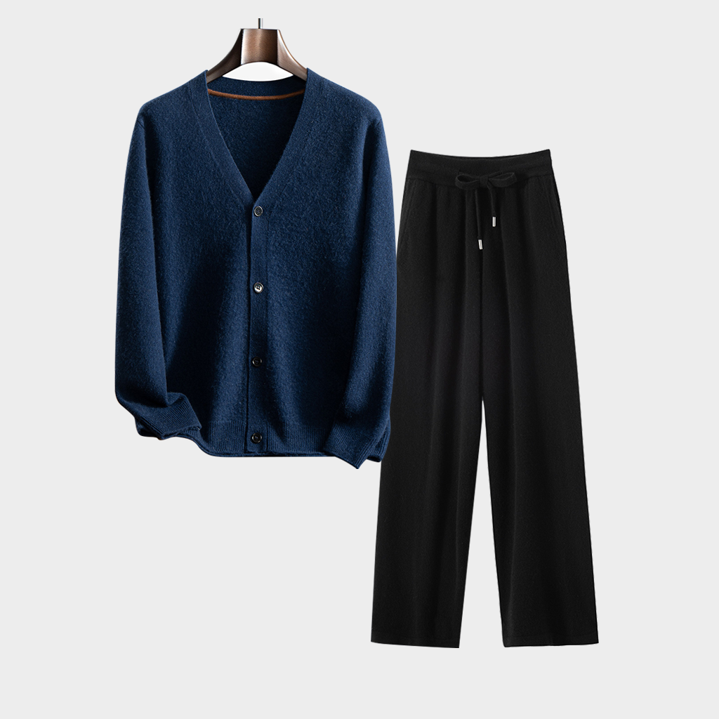 Men's Cardigan Cashmere Sweater and Wide-Leg Pants Set | Casual Outfit REAL SILK LIFE